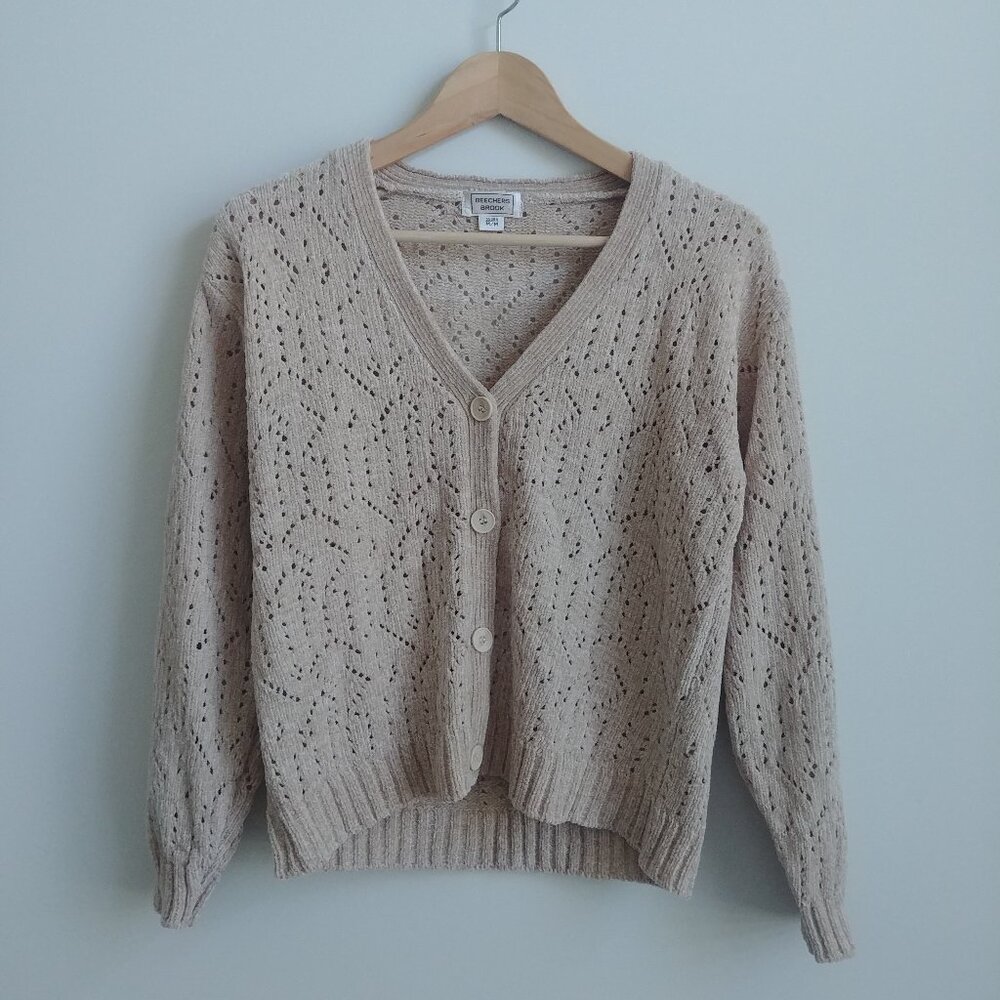 Vintage Beechers Brook cream light tan chenille cardigan sweater size Me…